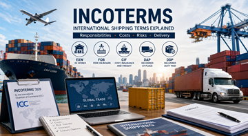 Internasjonal godstransport med containere, lastebiler, skip og logistikkpersonell som forklarer Incoterms for global handel